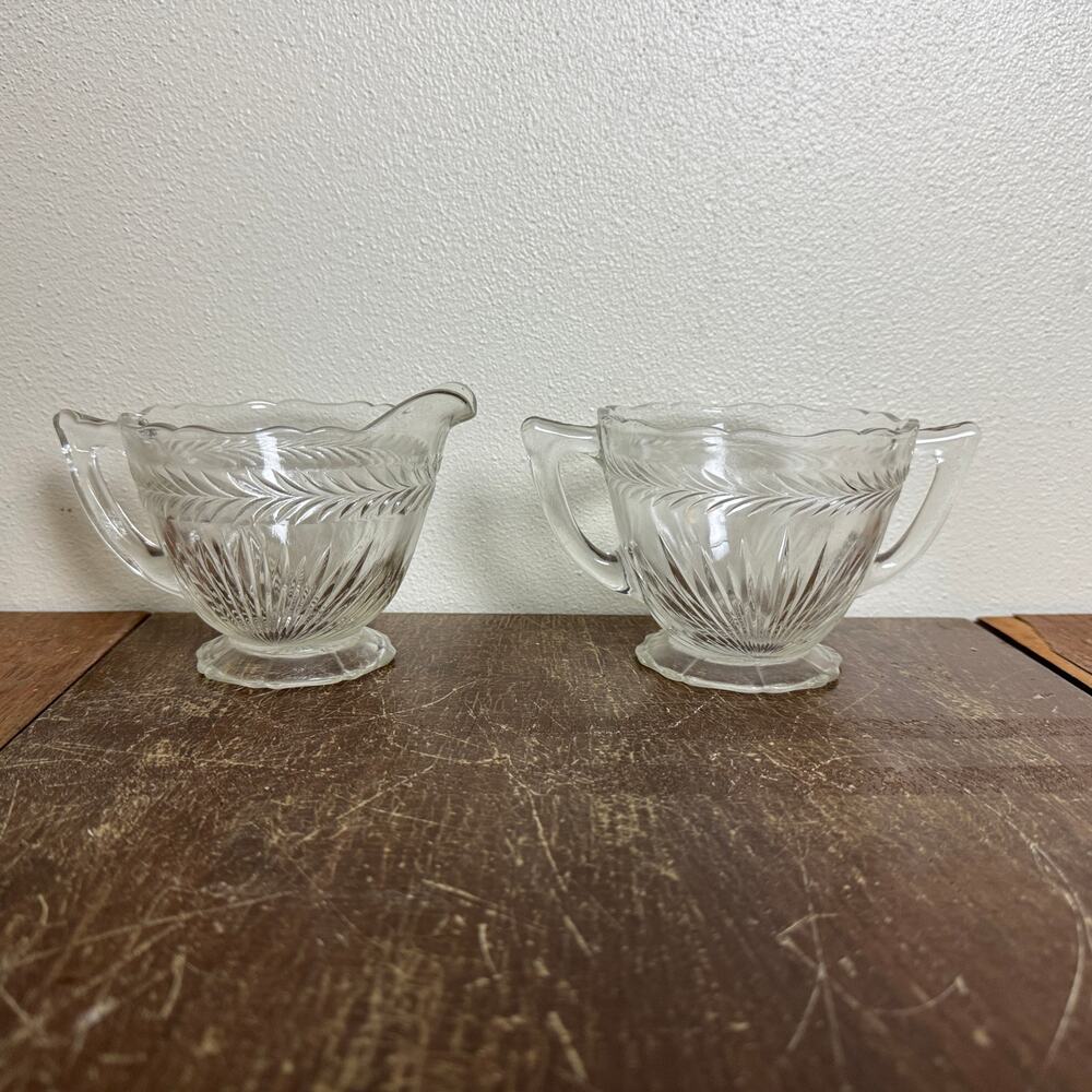 Vintage Jeanette Sunburst Pressed Clear Glass open‎ Sugar and Creamer Set